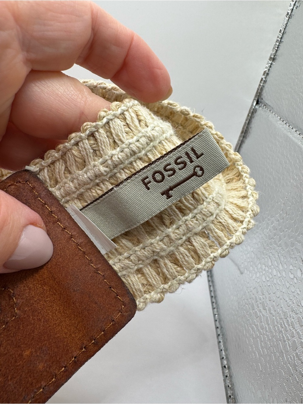 Fossil Woven Stretch Belt Leather Equestrian Buckle Cream Tan Boho - Picture 11 of 12